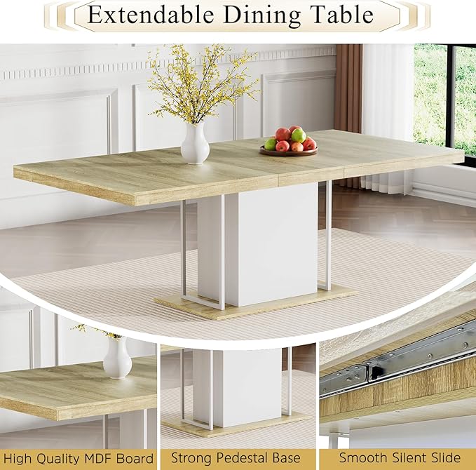 Goujxcy 78.7" Farmhouse Extendable Dining Room Table Set for 4, 5-Piece Rectangle Kitchen Dining Room Table Set with Wood Base and 4 Grey Velvet Dining Chairs, Extending Kitchen & Dining Table Set