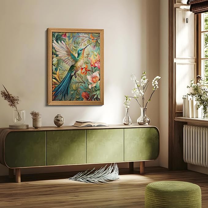Framed Vintage 3D Textured Wall Art - Colorful Hummingbird Floral Wall Decor - Hand Painted Sandstone Nature Botanical Picture for Living Room Bedroom Home Decor 16x24 inch