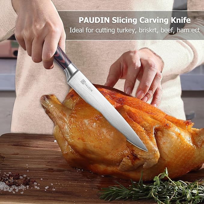 PAUDIN 8-Inch Carving Knife - Ultra Sharp Brisket Slicing Knife, Premium German Stainless Steel With Ergonomic Handle for BBQ, Roast, Meats and Vegetables