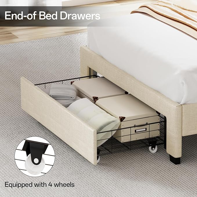 Twin Bed Frame, Twin Bed Frames with Storage Headboard, Upholstered Twin Size Bed Frame with Drawers, Charging Station and LED Lights, Easy Assembly, Beige