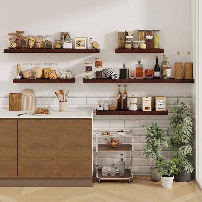 fuqing Floating Shelves for Wall - 24 Inch Wood Wall Shelves Set of 2-24 Inch Wide x 9.3 Inch Deep Natural Floating Wood Shelves with Upgraded Metal Brackets for Room