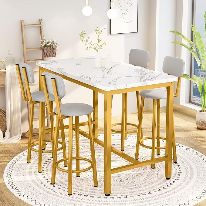 Lamerge Dining Table Set for 4 Bar Table and Chairs Set Faux Marble Counter Height Dining Table Set with 4 PU Upholstered Stools Kitchen Pub Table for Kitchen, Restaurant, Space Saving, Gold and White