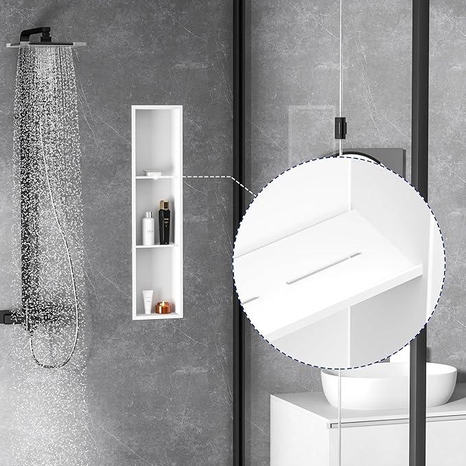 Stainless Steel Shower Niche 8" X 36", No Tile Needed Wall Niche Three-Tier, Recessed Shower Shelf for Bathroom Storage, Matte White