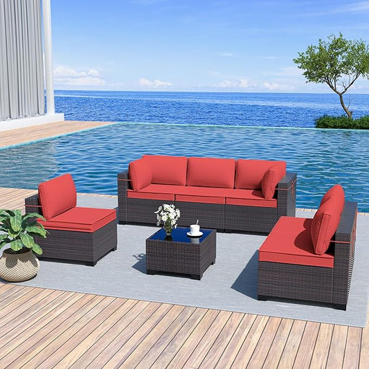 Kurapika 7 Pieces Patio Furniture Set, Rattan Wicker Outdoor Conversation Sets w/4 Inch Cushion and Glass Coffee Table(Red)