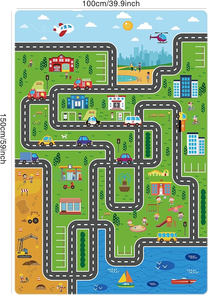 Kids Playmat Car Rug, Kids Play Rugs Town City Road Map Rug, Large Educational Car Mat, Boys Track Play Mat, Kid Rugs for Playroom Bedroom Living Room (Style 1, 59X 39.4 INCH)