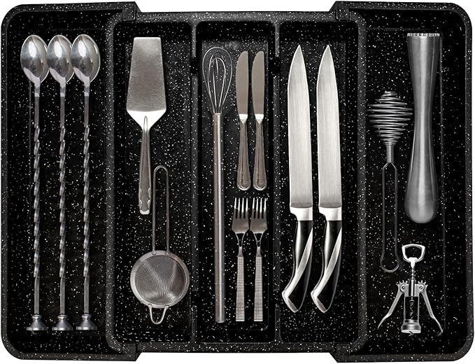 Utensil Drawer Organizer for Kitchen Cutlery, Expandable Large Silverware Organizer, Adjustable Cooking Utensil Tray, Plastic Spatula Tools and Gadgets Storage Divider, Marble Design, Black