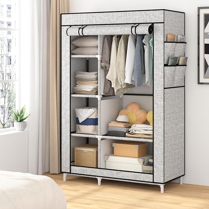 Calmootey Portable Closet Organizers, Clothing Storage, Wardrobe with 6 Shelves and Hanging Rod, Non-Woven Fabric Cover with 4 Side Pockets, Ash Grey