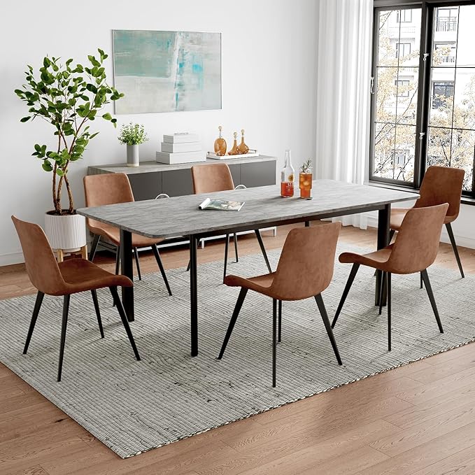 63"- 78.7" Extendable Dining Table with 6 Brown Dining Chairs, Modern Kitchen Table Set for 6, Thickened Expandable MDF Wooden Table with Metal Legs for Dining Room, Kitchen, Home