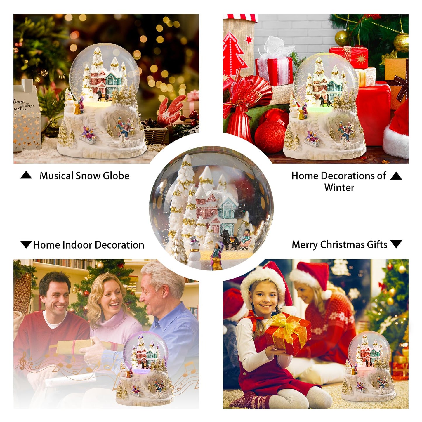 MUMTOP Christmas Snow Globes, Snow Globes Christmas with Musical Battery Operated LED Lights Glittering Water Globes Winter for Holiday Home Indoor Christmas Decorations and Gifts