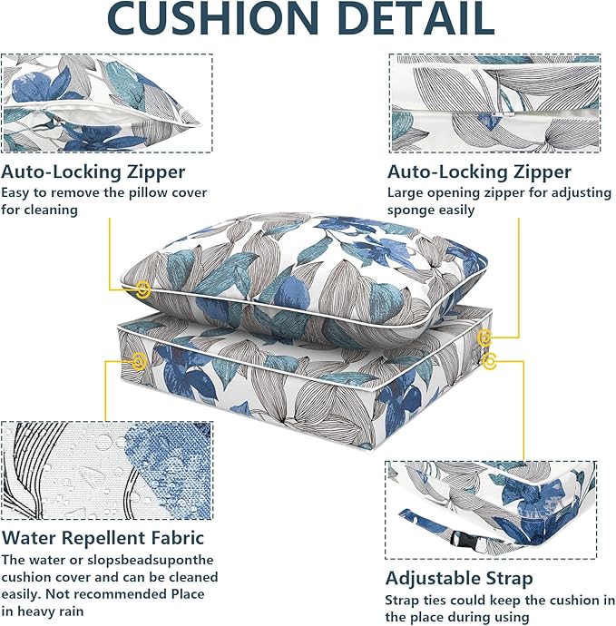 Outdoor Deep Seat Cushions Set 24 x 24 Inch for Patio Furniture,Water Resistant Chair Cushions Replacement Includes Seat Cushion & Back Pillow for Couch Sofa, Wicker Chair - Clemens Noir Blue