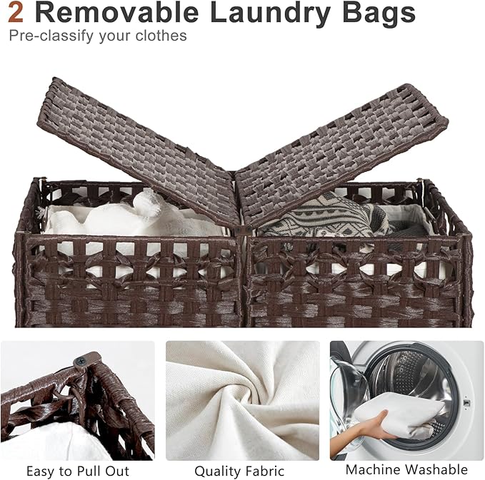 170L Foldable Laundry Hamper with Lid - Handwoven Rattan Storage Basket, 2-Section Clothes Hamper w/2 Removable Liner Bags, Easy Assembly, Portable for Bedroom Bathroom Dorm,Brown