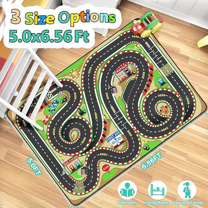 Kids Rug, Race Track Baby Play Mats, Realistic 3D Cascading Surround Route,5x7 Ft Kids Rug for Playroom, Great for Playing with Cars and Toys, Non-Slip Car Carpet