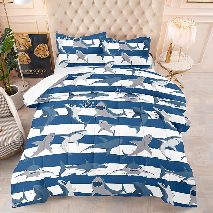 Tailor Shop Shark Comforter Sets Full Size,Shark Bedding Sets for Boys Kids Teens with 2 Pillowcase…