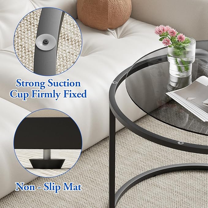 aboxoo Nesting Coffee Table Grey Glass Table Set of 2, Small Round Glass Nesting Tables for Living Room Bedroom, Accent Tea Table with Metal Frame Modern Industrial Simple