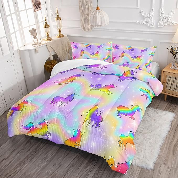 Unicorn Rainbow Comforter Bedding Set for Girls Kids Children Teens,Sky Glitter Star Colorful Bedding Set with 1 Comforter and 2 Pillowcases(Unicorn3 Full)