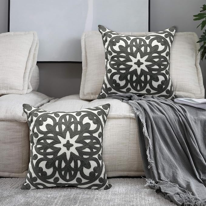 Alysheer Embroidered Decorative Throw Pillow Covers 18"x18" Set of 2 Pieces, Classic Boho Mandala Knit Pattern, Durable Cotton Canvas Cozy Gray Cushion Cases for Sofa Couch Living Room(Grey)