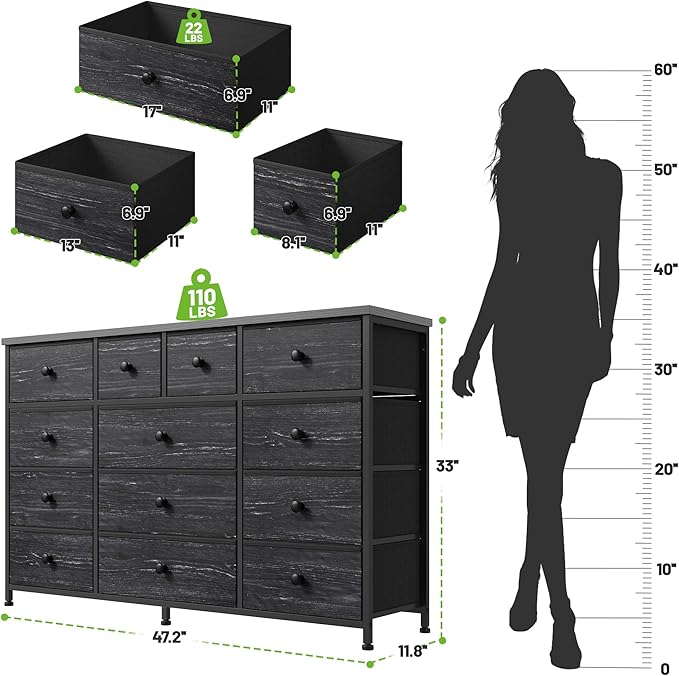 Black Dresser with 13 Fabric Dresser，Tv Stand for Bedroom for 40,50,55 inch Tv,Entertainment Center,Storage Drawers for Living Room, Hallway, Entryway 47.2" Wx 33" H X 11.8" D