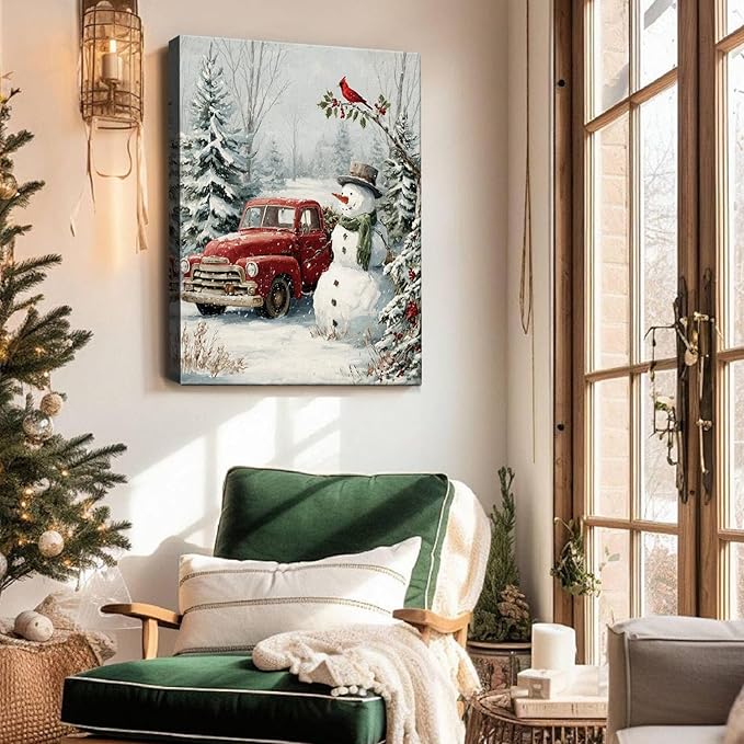 Christmas Snowman & Red Truck Canvas Wall Art - Rustic Winter Scene Framed Picture for Modern Farmhouse Home, Festive Christmas Wall Decor, Perfect Christmas Gifts & Holiday Decorations