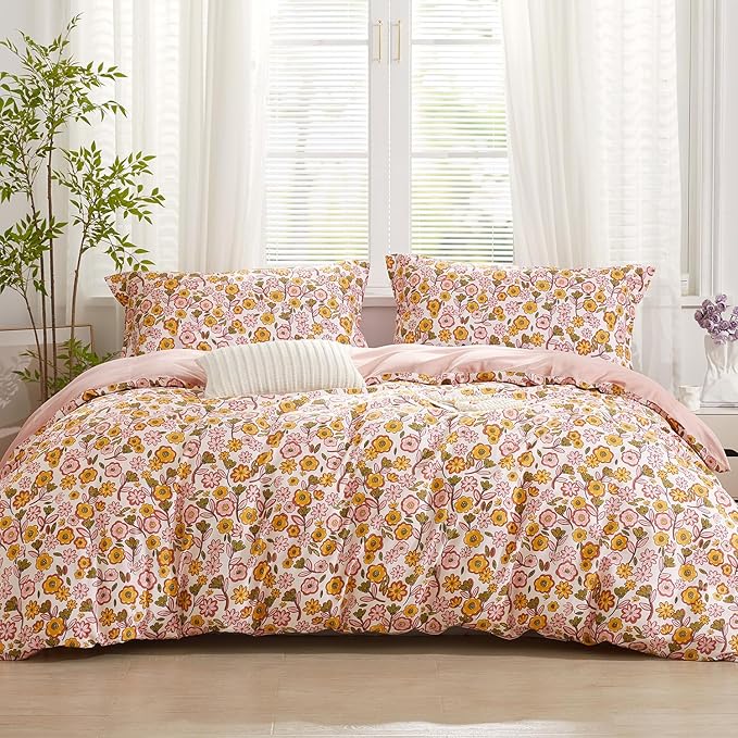 SAPHREAS Pink Floral Duvet Cover Set 3pcs King Size Garden Style Yellow Flowers Bedding Comforter Cover Set 100% Cotton 1 Duvet Cover 104"x90" 2 Pillow Shams, Comforter Not Included