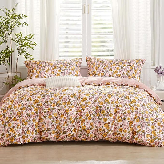 SAPHREAS Yellow Sunflower Floral Duvet Cover Set Full Size 3pcs Garden Style Bedding Comforter Cover Set 100% Cotton 1 Duvet Cover 90"x80" 2 Pillow Shams, Comforter Not Included
