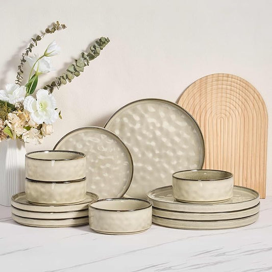 Herogo Dinnerware Dishes Sets for 4, 12 Pieces Ceramic Plates and Bowls Sets, Kitchen Dinning Dishes, Dishwasher & Microwave Safe, Cream Khaki