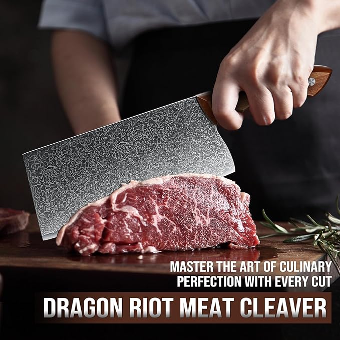 DRAGON RIOT Damascus Cleaver Knife 10 inch, VG10 Damascus Knife for Meat Cutting, Butcher Knife with Wood Handle for Chopper Vegetables Razor Sharp Chooping Knife, Premium Gift Box