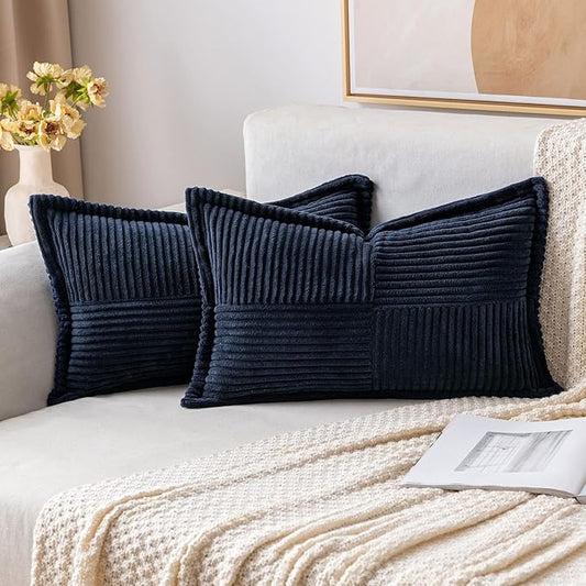 MIULEE Decorative Lumbar Throw Pillow Covers for Couch Bed Livingroom 12x20 Inch Set of 2 Navy Blue Boho Accent Throw Pllows Broadside Striped Patchwork Soft Corduroy Summer Coastal Pillowcases