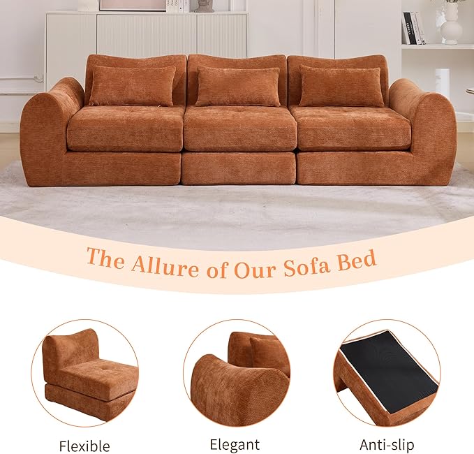 MAXMAXX 102" Cloud Sofa, 4-in-1 Folding Sofa Bed, Floor-Standing Boneless Couch, Futon Sofa Bed for Living Room, Bedroom and Entertainment Room(Orange)