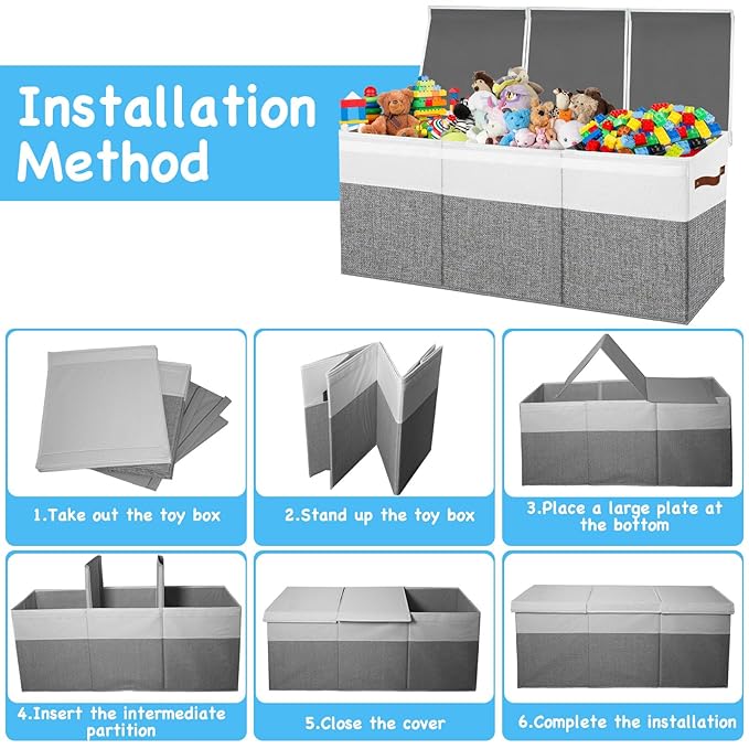 Large Toy Box Chest,Toy Storage Organizer,Storage Bins with Lids,Stuffed Animal Storage,Toy Bins for Kids,Toddlers,Baby,Girls,Nursery,Living room,playroom(Grey)