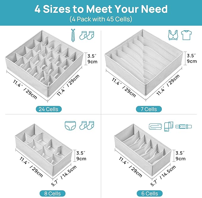 Vtopmart 4 Pack Underwear Drawer Organizers Set, 6+7+8+24 Cells Clothes Drawer Dividers Dresser Organizers Bins for Socks, Bras, Scarves, Ties, Non-Woven Fabric Storage Boxes for Closet, Nursery