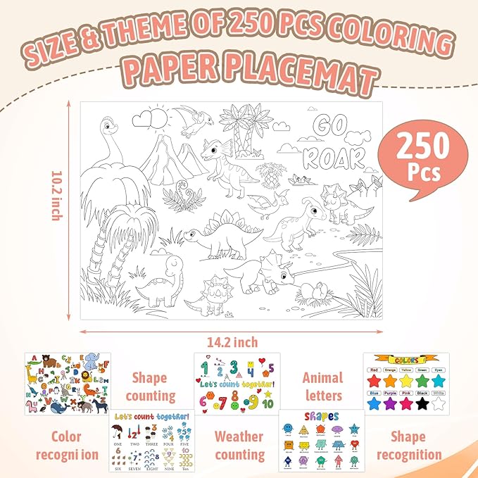250 Pcs Disposable Coloring Placemats 5 Themed Coloring Activity Sheets Paper Mat Bulk 14.2"x10.2" Dining Table Paper Placemats Disposable Table Mat for Kids DIY (Weather,Shape,Color,Letter) (250)