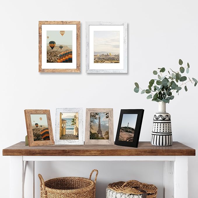 4x6 Picture Frame Set of 4, High Definition Real Glass 4 x 6 Photo Frames for Tabletop Display and Wall Mounting (Distressed White+Smoke Gray+Rustic Brown+Black)