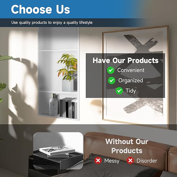 30" X 12" Stainless Steel Shower Niche Insert Tile Ready, Niche for Shower Wall, 3-Tier Recessed Shelves No Tile Needed for Bathroom Storage, White