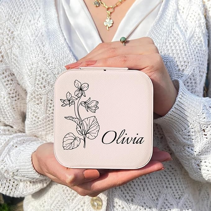 Personalized Jewelry Boxes for Women, Custom Travel Jewelry Case with Name and Birth Flower Month, Portable Jewelry Box Organizer for Mom Birthday Gifts (Non-Customized pink)