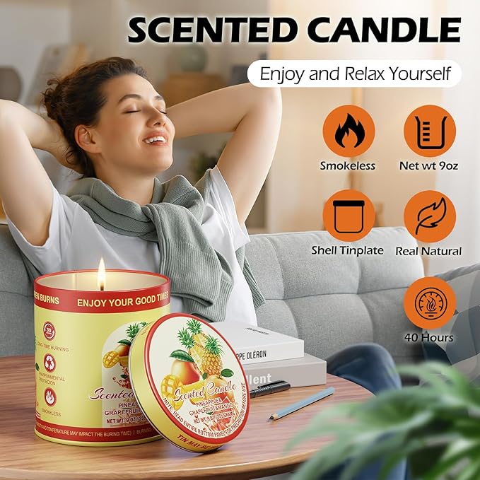 Pineapple Grapefruit Mango Scented Candles Set | 2 Pack 510g 8% Essential Oils 80H Burn | Smokeless Clean Burning Aromatherapy Tin Jar Candles for Home Relaxation, Yoga, Spa Gift for Men&Women