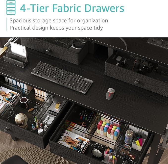 Lufeiya Small Desk with Drawers for Home Office Bedroom, 31 inch Black Writing Study Desks with Fabric Drawers Storage, Gaming Desk Table with Power Outlet & Monitor Stand, Black