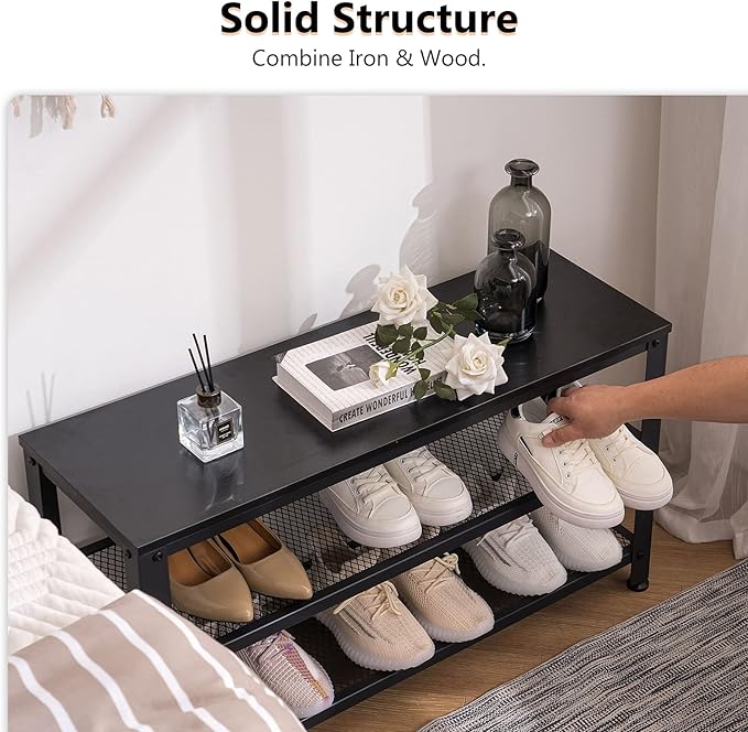 Apicizon Shoe Rack, 35.5 Inches 3-Tier Shoe Rack for Entryway with Long Seat and Metal Shelves for Garage, Industrial Storage Bench with Steel Structure for Living Room, Bedroom, Mudroom, Black