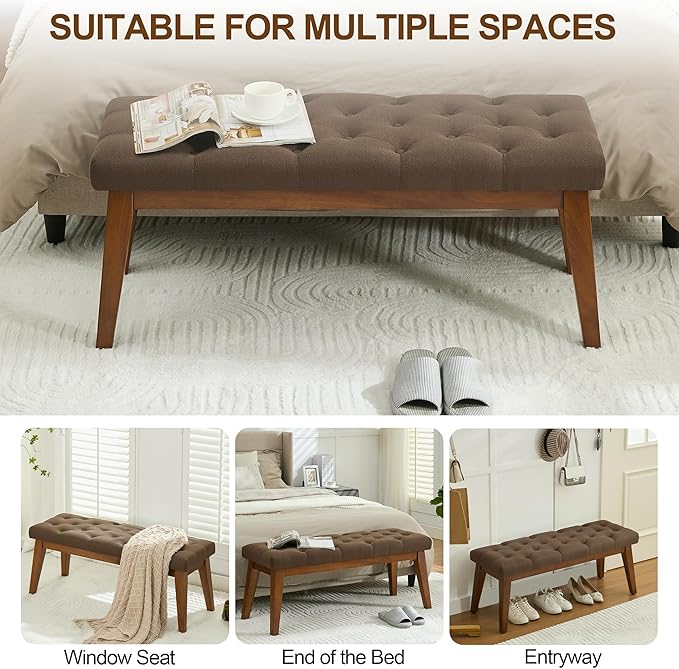 43.5'' Linen Bedroom Bench, Upholstered End of Bed Bench with Tufted Button, Padded Vintage Dining Bench, Entryway Bench with Solid Wood Legs, Kitchen, Living Room, Hallway, Brown Tufted
