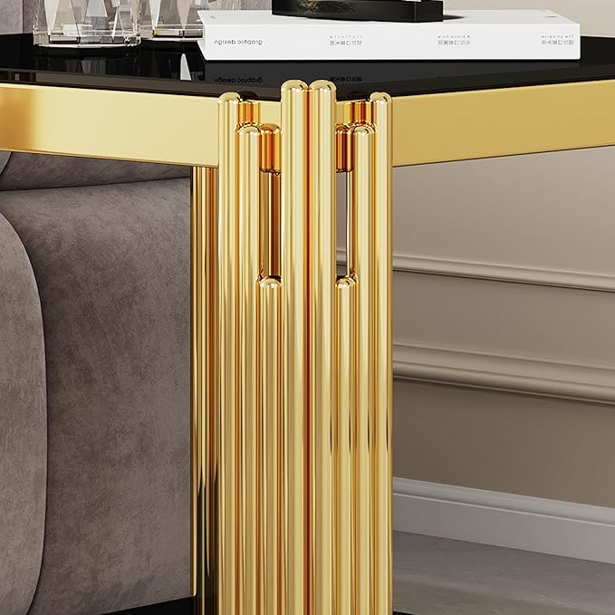 Goujxcy Modern Glass End Table Gold Sofa Side Table with Black Glass Top and Mirror Finish Stainless Steel Legs, Luxury Square Sofa Side Table Coffee Table Bedside Table for Living Room Bedroom (Gold)