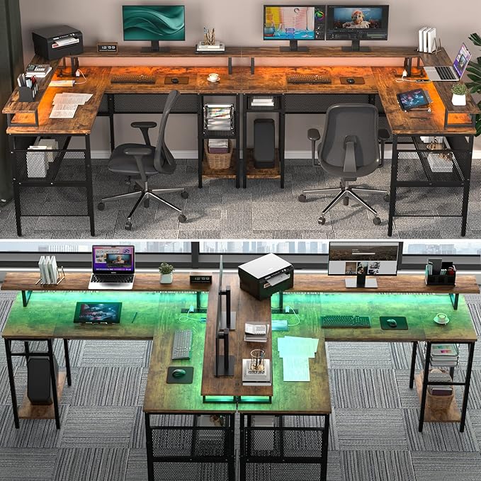Unikito L Shaped Desk with LED Light and Power Outlet, Reversible Corner Computer Table with Monitor Stand and Storage Shelf, Modern L- Shaped Gaming Desk, Ergonomic Home Office Desk, Rustic Brown