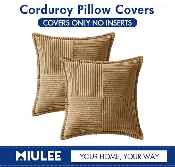 MIULEE Decorative Throw Pillow Covers for Couch Bed Livingroom 20x20 Inch Set of 2 Brown Boho Accent Throw Pllows Broadside Striped Patchwork Soft Corduroy Pillowcases