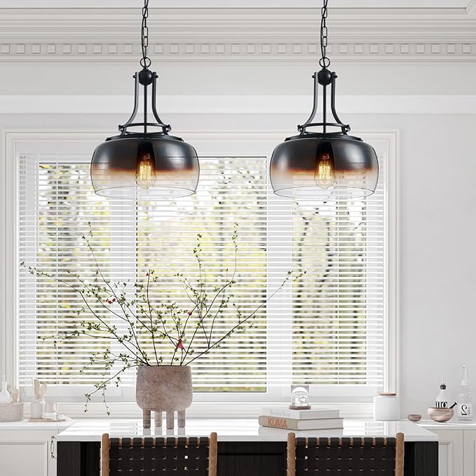 WUZUPS Chandelier Rustic Farmhouse Industrial Round Ceiling Pendant LED Light Fixture with Amber Gradient Black Glass Shades for Dining Room Kitchen Island Foyer Entryway, H 17" x W 13.4", E26 Base
