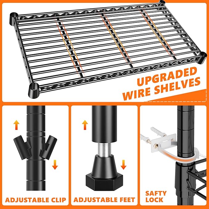 REIBII 1000LBS Wire Shelving Unit, 5 Tier Adjustable Metal Storage Shelves for Kitchen Pantry Office Steel Organizer Wire Rack for Narrow Space, 13.4" D x 23.2" W x 60" H, Black,2PCS