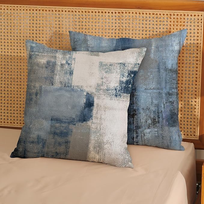 Boho Pillow Covers 18x18 Pack of 2 Blue Art Painting Decorative Throw Pillow Covers Outdoor Decor,Bohemian Abstract Modern Decor Pillowcase Farmhouse Linen Cushion Case for Home Couch Sofa