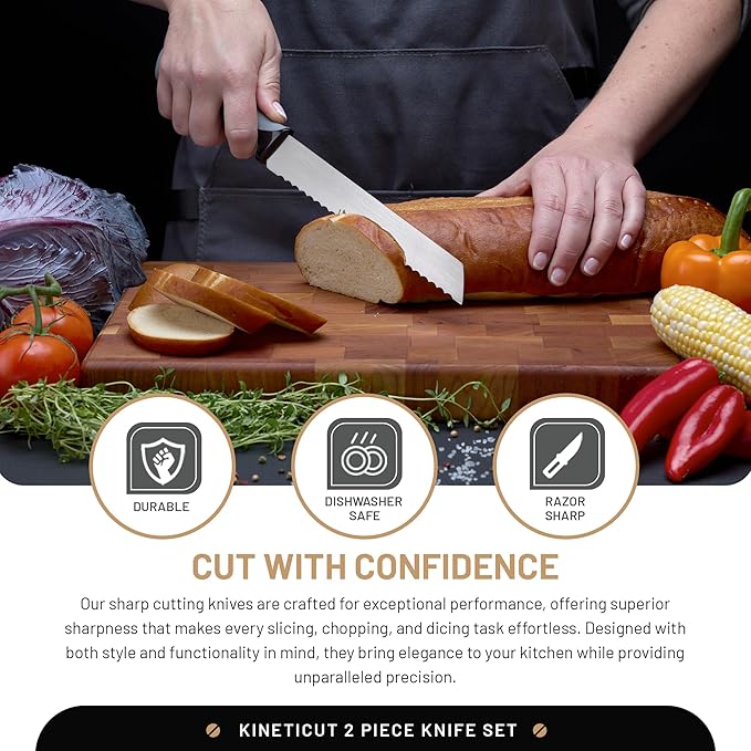 2-Piece Serrated Knife Set – Stainless Steel Kitchen Cooking Knives w/Protective Covers, Dishwasher Safe, No Block, Sharp Cutlery for Slicing Bread, Cooking Fruit & Steak w/Sheath - Gray