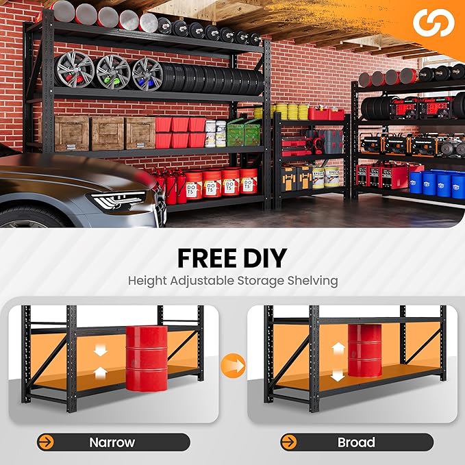 79” W Garage Shelving Heavy Duty, 7000LBS Metal Storage Shelves, 4 Tier Storage Rack Shelf, Steel Industrial Shelving, Adjustable Standing Shelf for Basement/Warehouse 79" W x 24" D x 79" H, Black