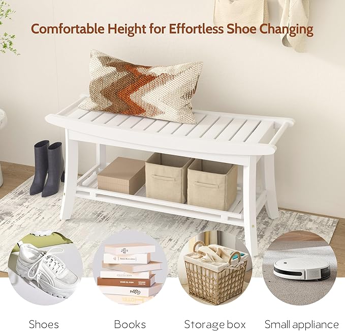 Bamboo Entryway Storage Bench with Shelves Shoe Rack Bench Seat Organizer for Porch Bedroom Bathroom Balcony 39 x 13 x 19.2 Inches White