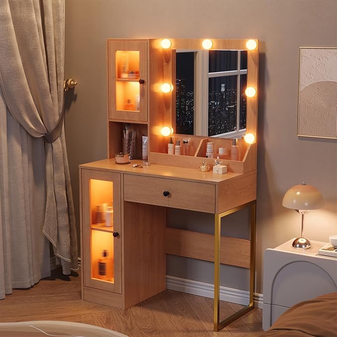 Vanity Desk with Mirror and Lights, Makeup Dressing Table w/Adjustable Bulbs, Outlets & USB Ports, Sturdy MDF Top & Metal Leg, Smart Storage Drawers & Cabinets for Bedroom