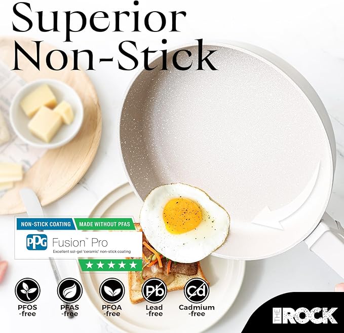 THE ROCK SOHO 9.5-Inch Non Stick Frying Pan with Lid–Nothing Sticks, Never Warps, Lasts Longer, Ceramic Non Toxic Skillet with Heat-Resistant Handle, PTFE PFOA&PFAS Free, Oven & Dishwasher Safe, Cream