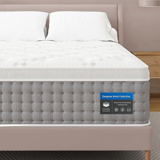 Sleepmax Firm Queen Mattress 14 Inch - Hotel-Collection Hybrid Mattress Pain Relief - Extra Lumbar & Hip Support - Deep Sleep Bed in a Box - Fiberglass-Free, CertiPUR-US Certified, 365-Night Trial